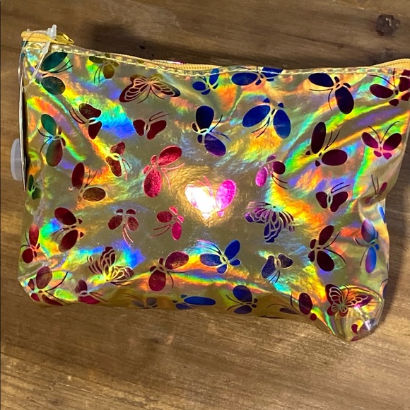 NWT Rainbow Butterfly Gold Holographic Cosmetic Makeup Zipper Bag Pouch - Picture 2 of 5
